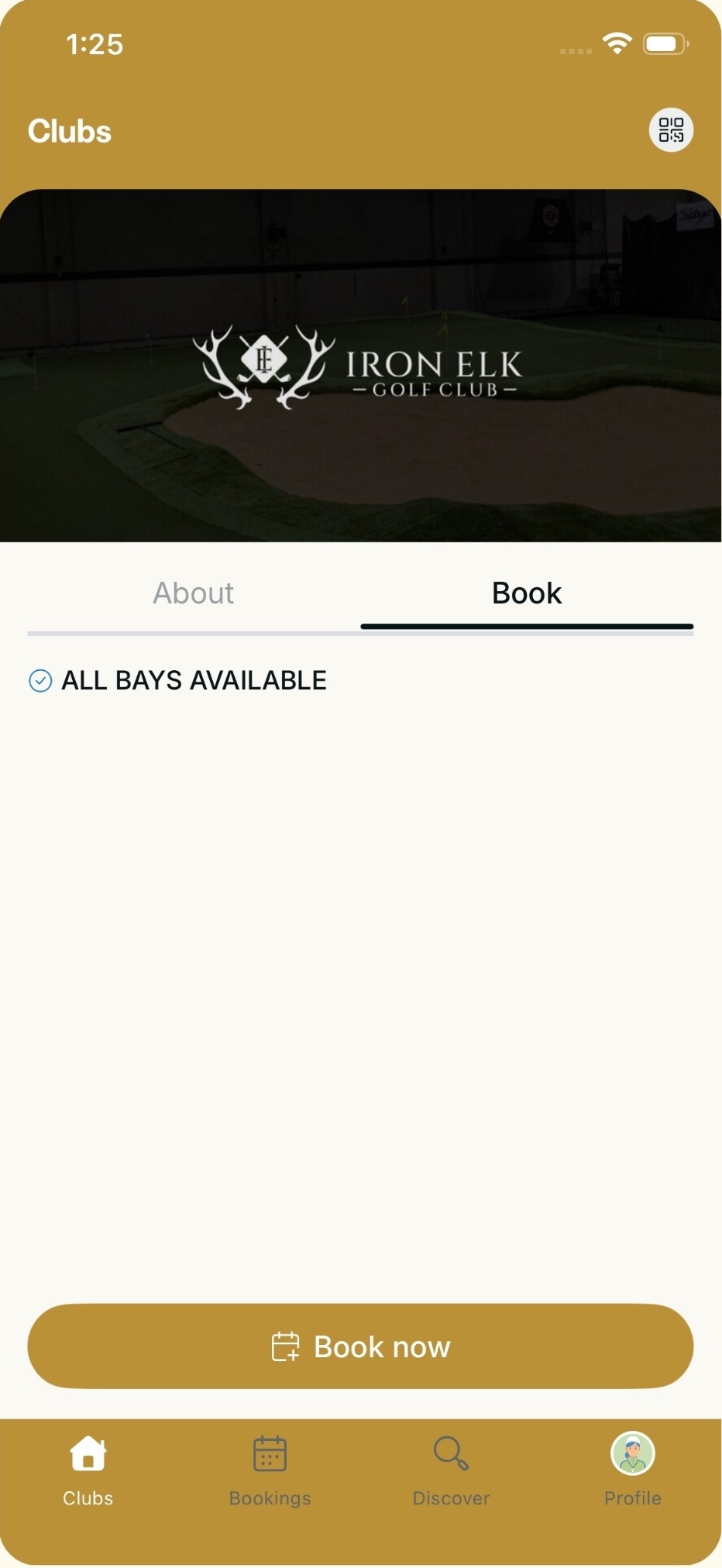 Iron Elk Golf Club app club page with booking availability
