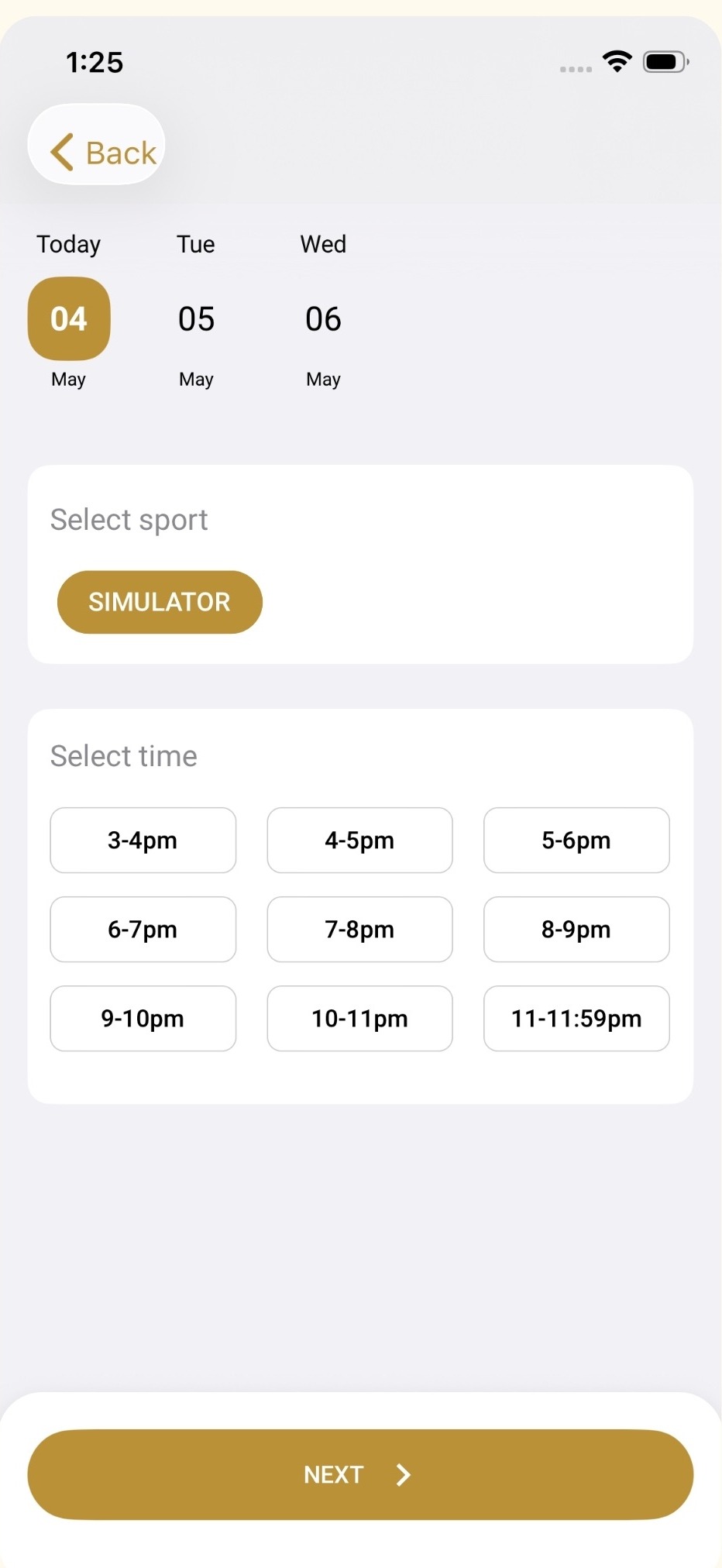 Iron Elk Golf Club app booking screen showing available simulator times